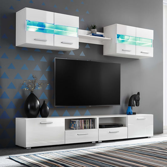 Set Parete Attrezzata Porta Tv Con Luci Led 5 Pz Lucido
