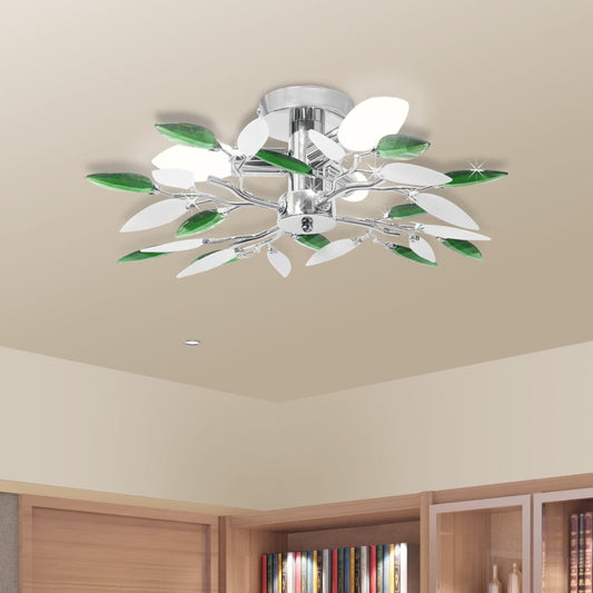 Lampada Soffitto Foglie Bianco E Cristallo Acrilico 3Xe14 Verde