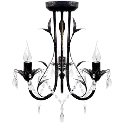 Lampadario Art Nouveau Metallo Perline Cristallo E Lampadine E14 Nero