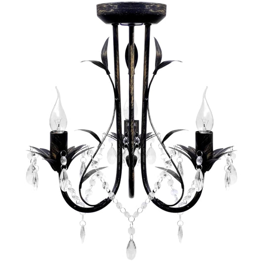 Lampadario Art Nouveau Metallo Perline Cristallo E Lampadine E14 Nero