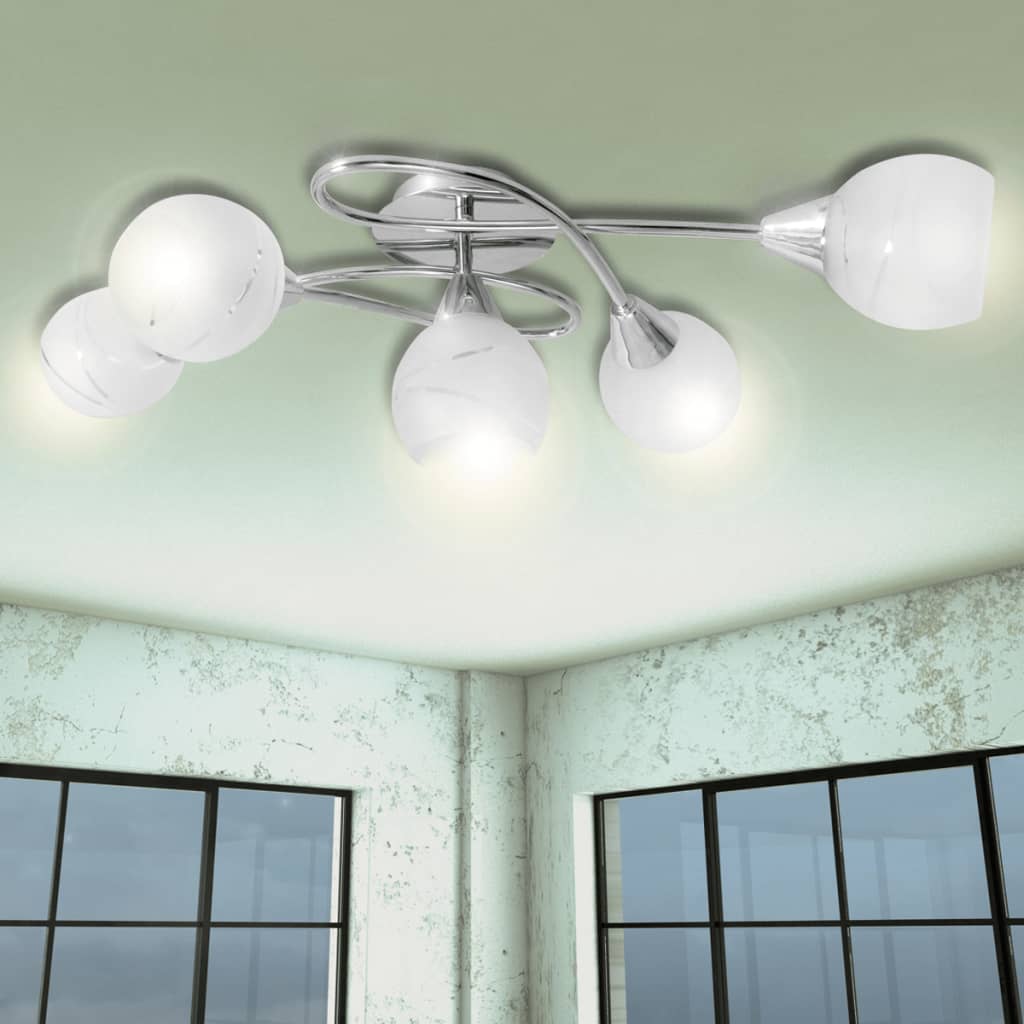 Lampadario Paralumi In Ceramica 5 Lampadine E14 Bianco A