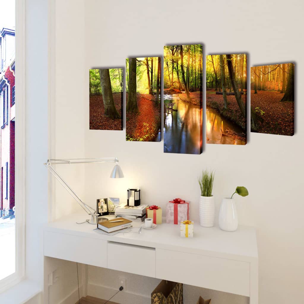 5 Pz Set Stampa Su Tela Da Muro Modello Bosco Multicolore
