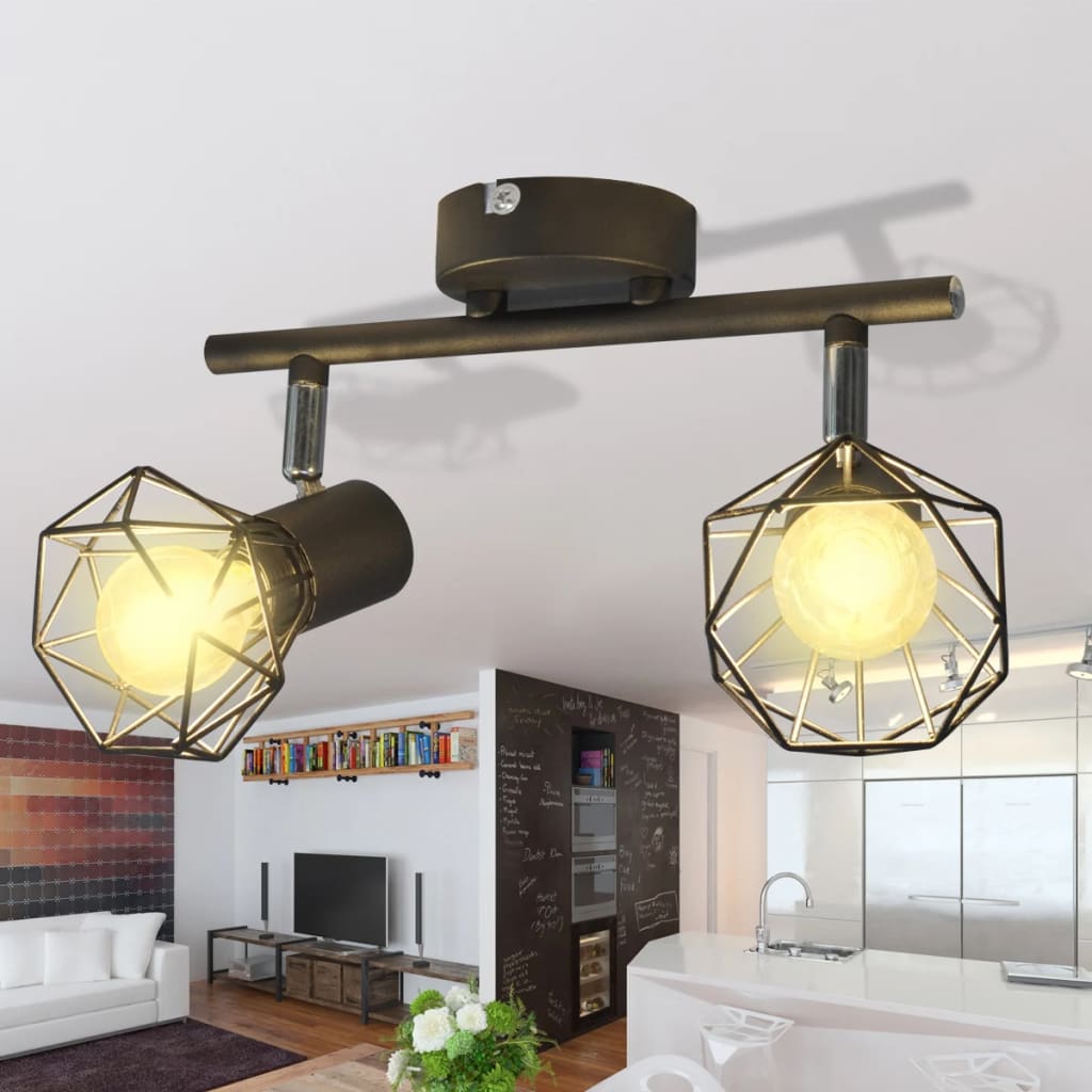 Faretto Industriale Nero Con 2 Lampadine A Incandescenza A Led