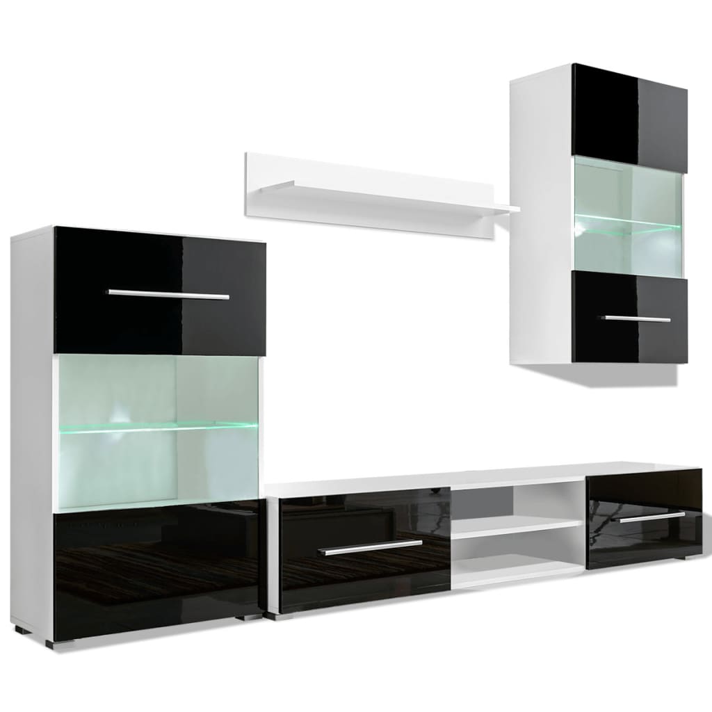 Mobili Con Vetrina Parete Unità Tv 4Pz Lucido Con Luci Led