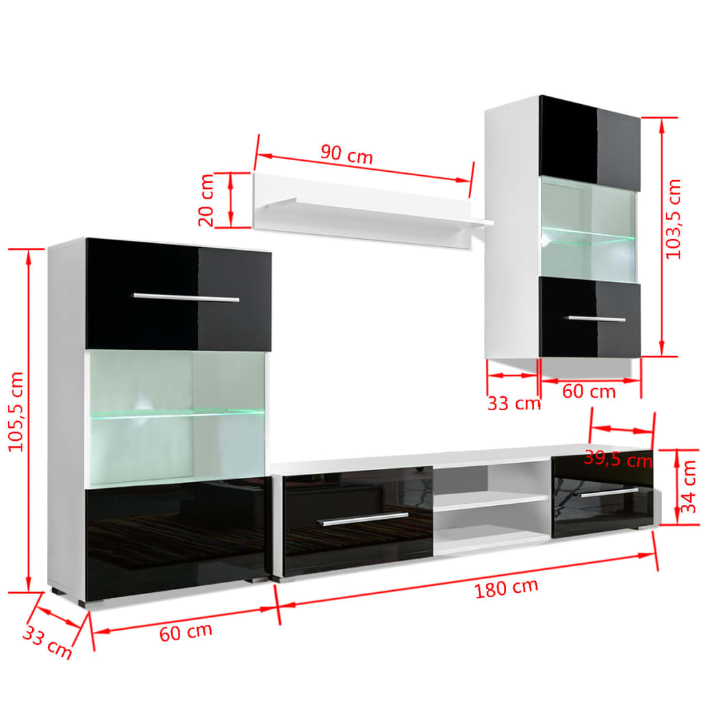 Mobili Con Vetrina Parete Unità Tv 4Pz Lucido Con Luci Led