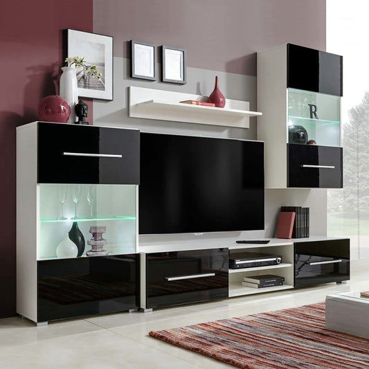 Mobili Con Vetrina Parete Unità Tv 4Pz Lucido Con Luci Led