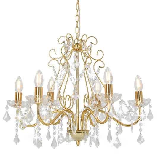 Lampadario Con Perline Di Cristallo Dorato Tondo 6 E14