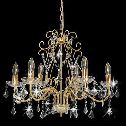 Lampadario Con Perline Di Cristallo Dorato Tondo 6 E14