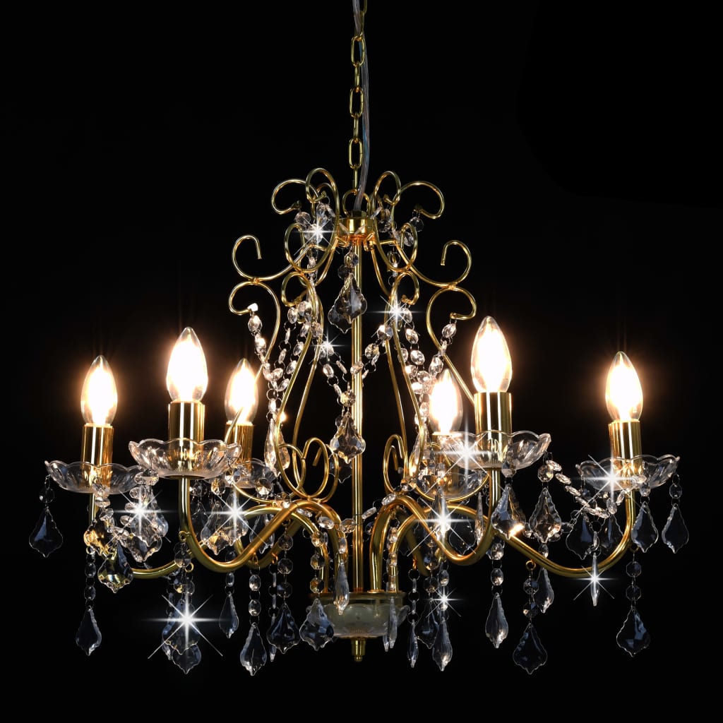 Lampadario Con Perline Di Cristallo Dorato Tondo 6 E14