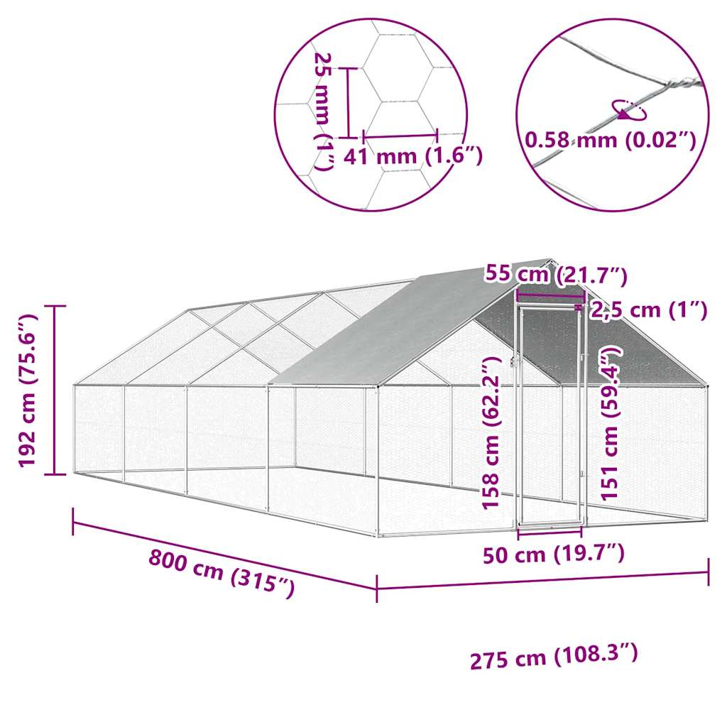 Gabbia Per Polli Da Esterno 2,75X8X1,92M In Acciaio Zincato
