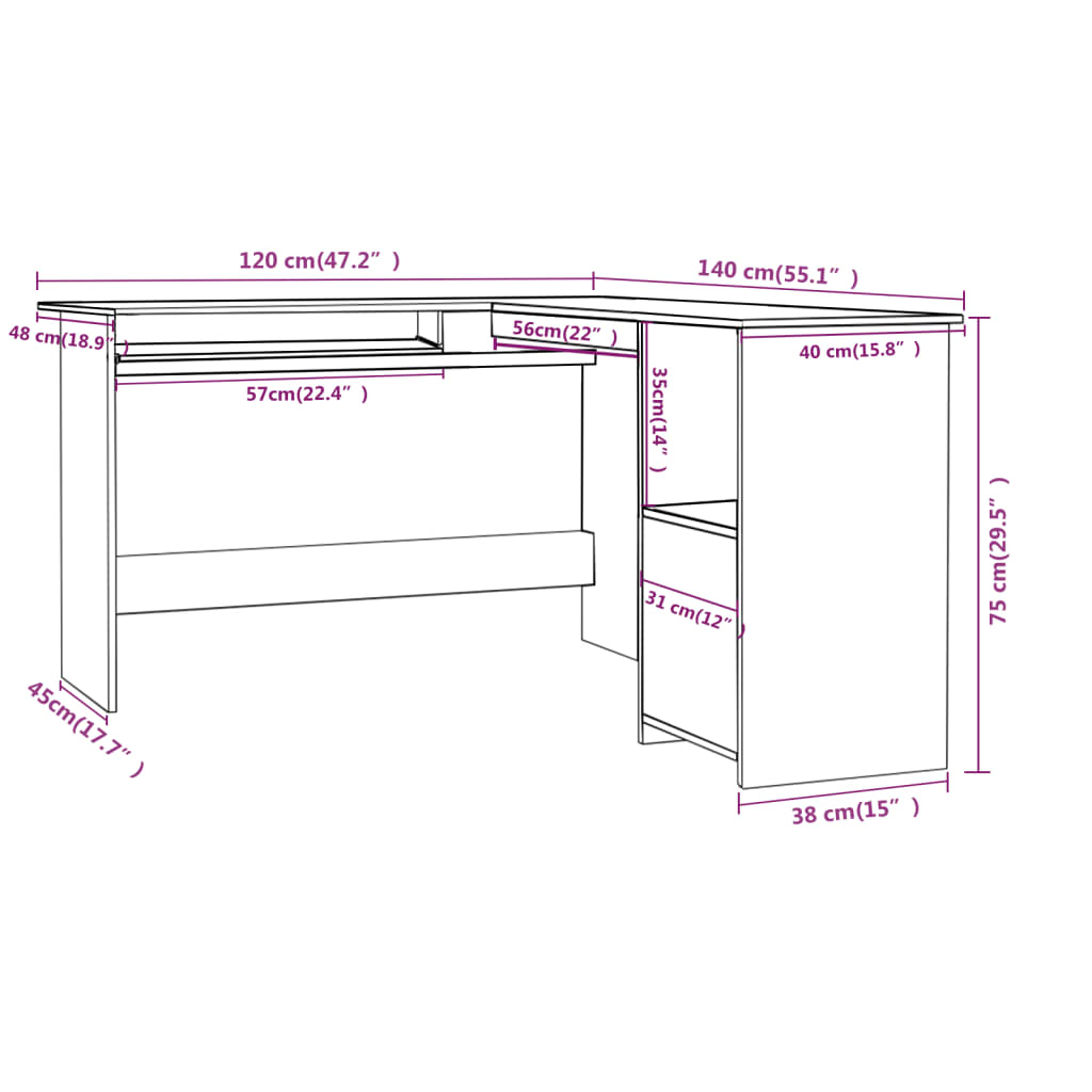 Scrivania Angolare A L 120X140X75Cm Multistrato