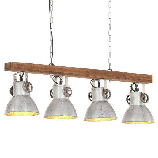 Lampada A Sospensione Industriale Argento E27 Legno Di Mango
