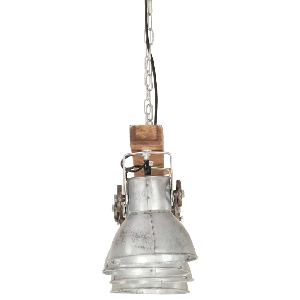 Lampada A Sospensione Industriale Argento E27 Legno Di Mango