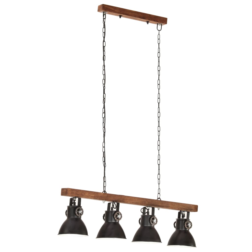 Lampada A Sospensione Industriale Nera E27 Legno Di Mango