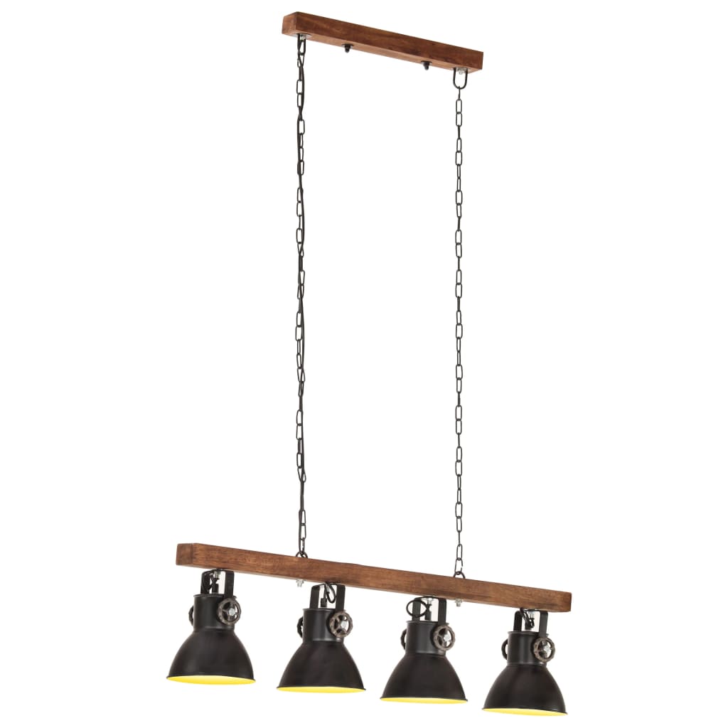 Lampada A Sospensione Industriale Nera E27 Legno Di Mango