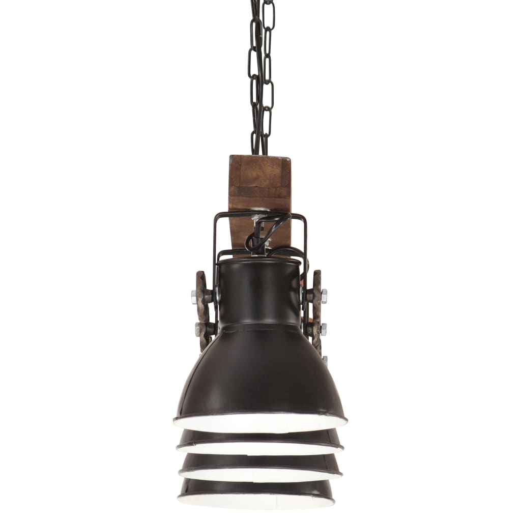 Lampada A Sospensione Industriale Nera E27 Legno Di Mango