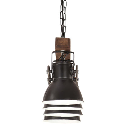 Lampada A Sospensione Industriale Nera E27 Legno Di Mango