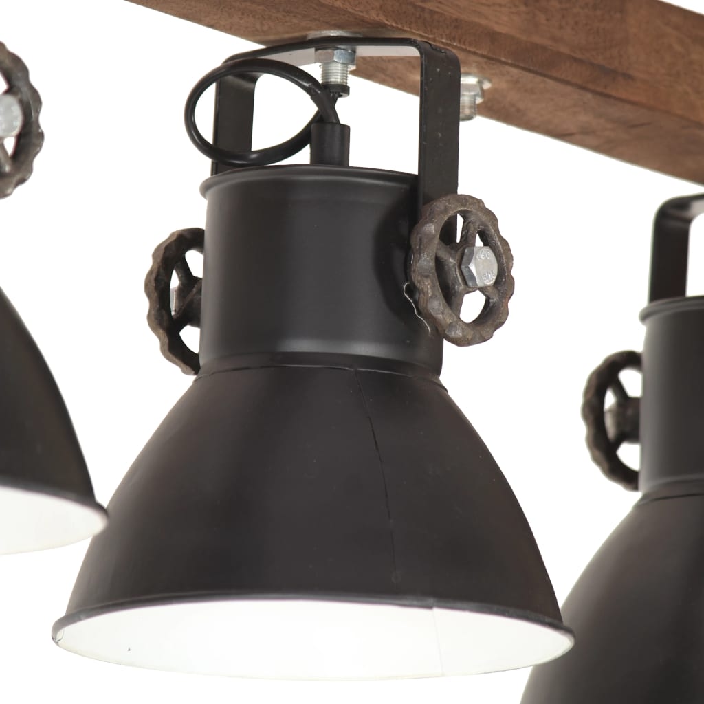 Lampada A Sospensione Industriale Nera E27 Legno Di Mango