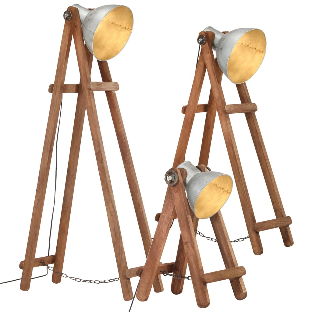 Lampade Da Pavimento 3 Pz Nere E27 In Legno Massello Di Mango