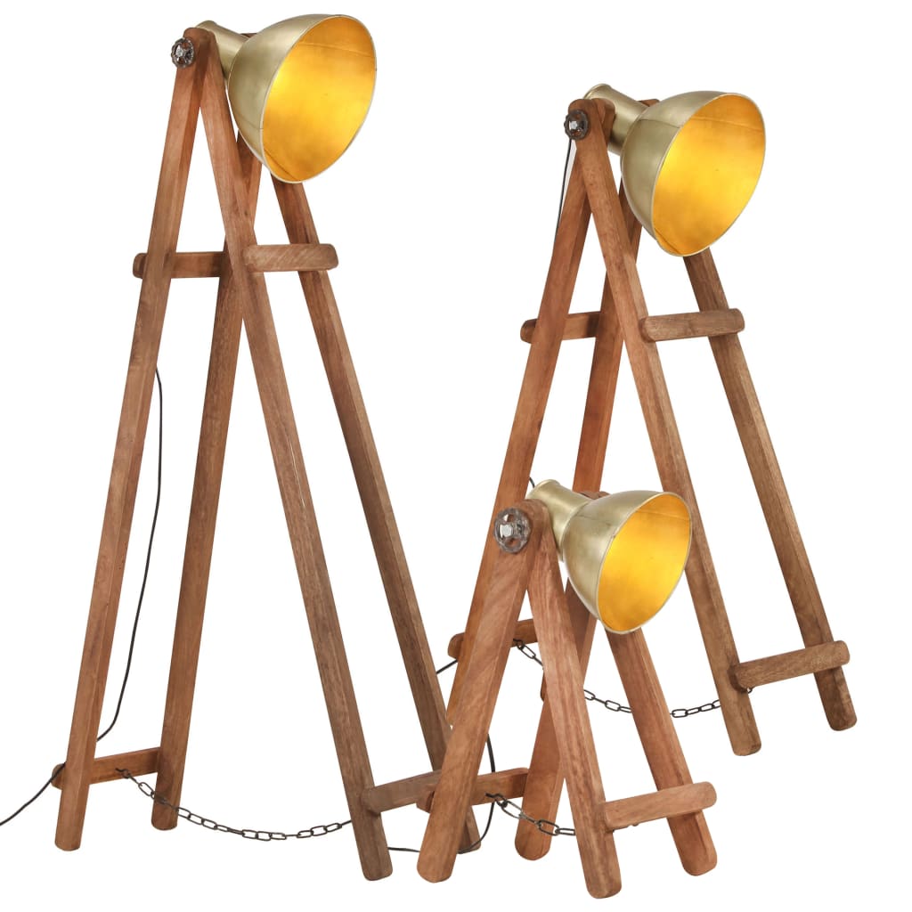 Lampade Da Pavimento 3 Pz Nere E27 In Legno Massello Di Mango