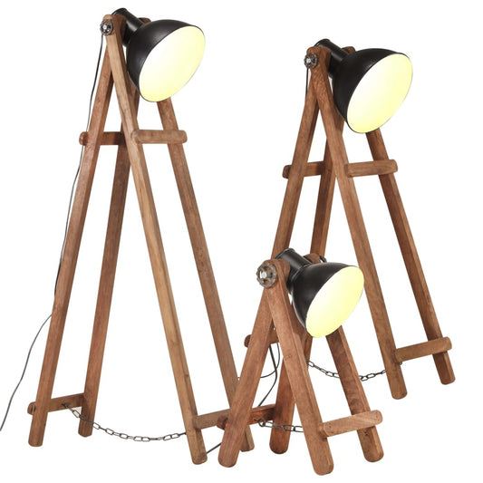 Lampade Da Pavimento 3 Pz Nere E27 In Legno Massello Di Mango