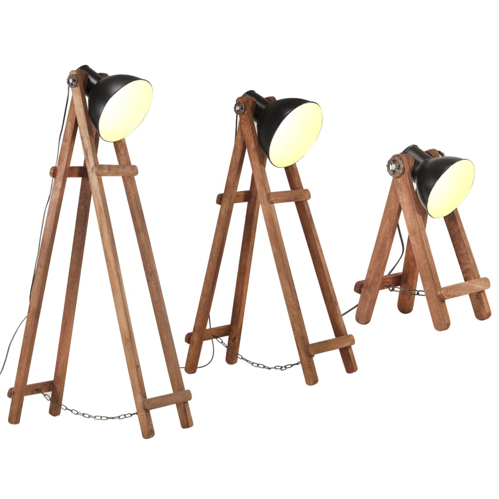 Lampade Da Pavimento 3 Pz Nere E27 In Legno Massello Di Mango