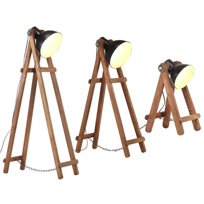 Lampade Da Pavimento 3 Pz Nere E27 In Legno Massello Di Mango