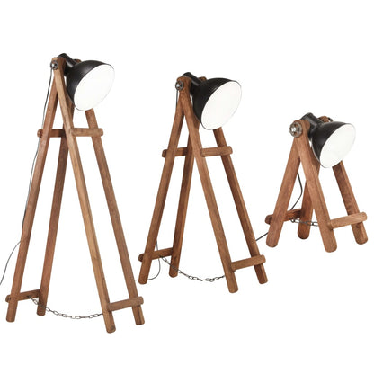 Lampade Da Pavimento 3 Pz Nere E27 In Legno Massello Di Mango