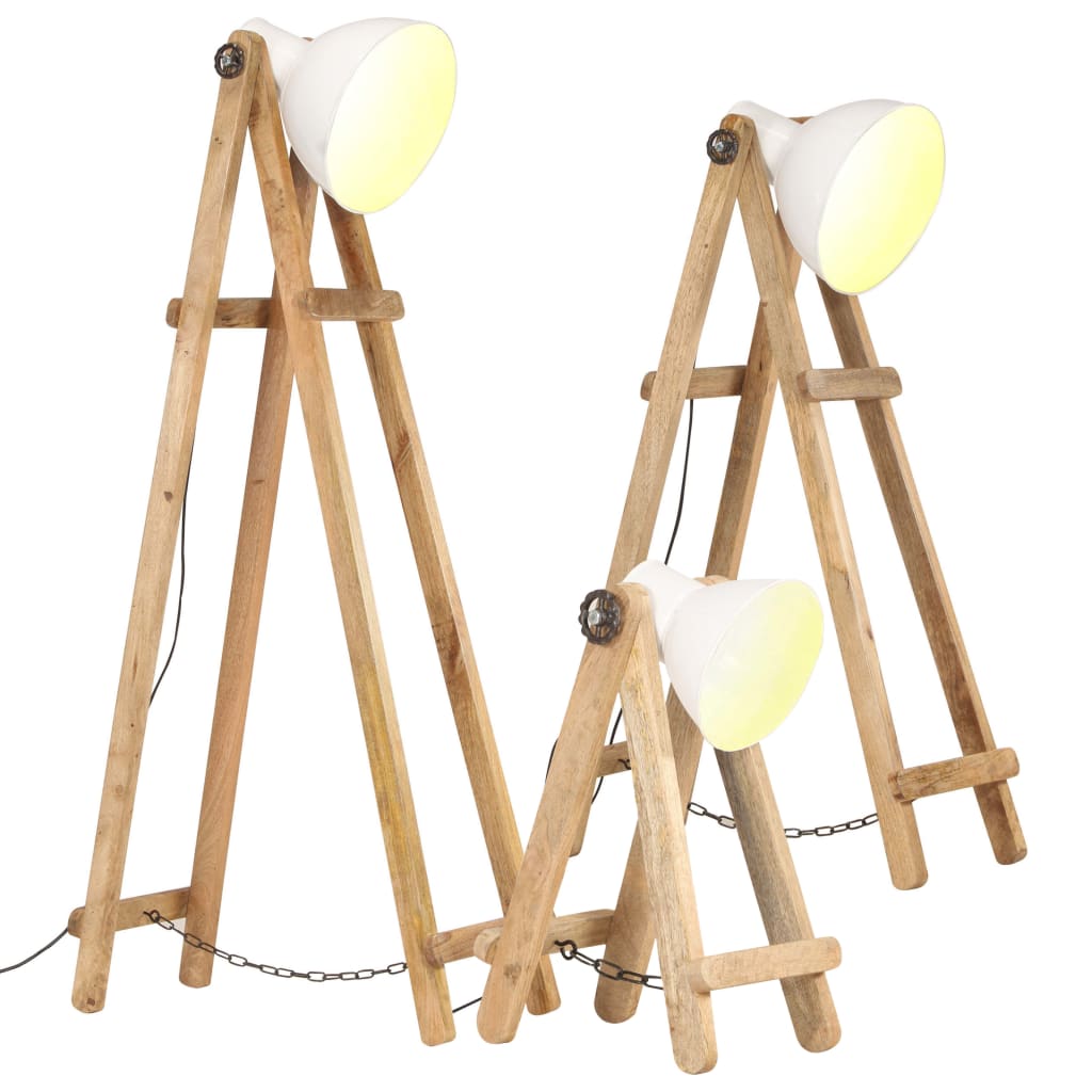 Lampade Da Pavimento 3 Pz Nere E27 In Legno Massello Di Mango