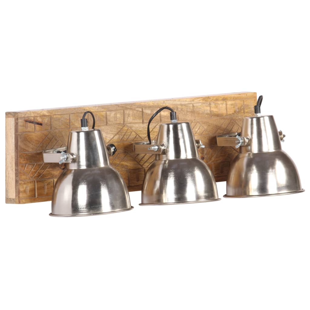Lampada Da Parete Industriale Argento 70X23 Cm E27 Legno Mango