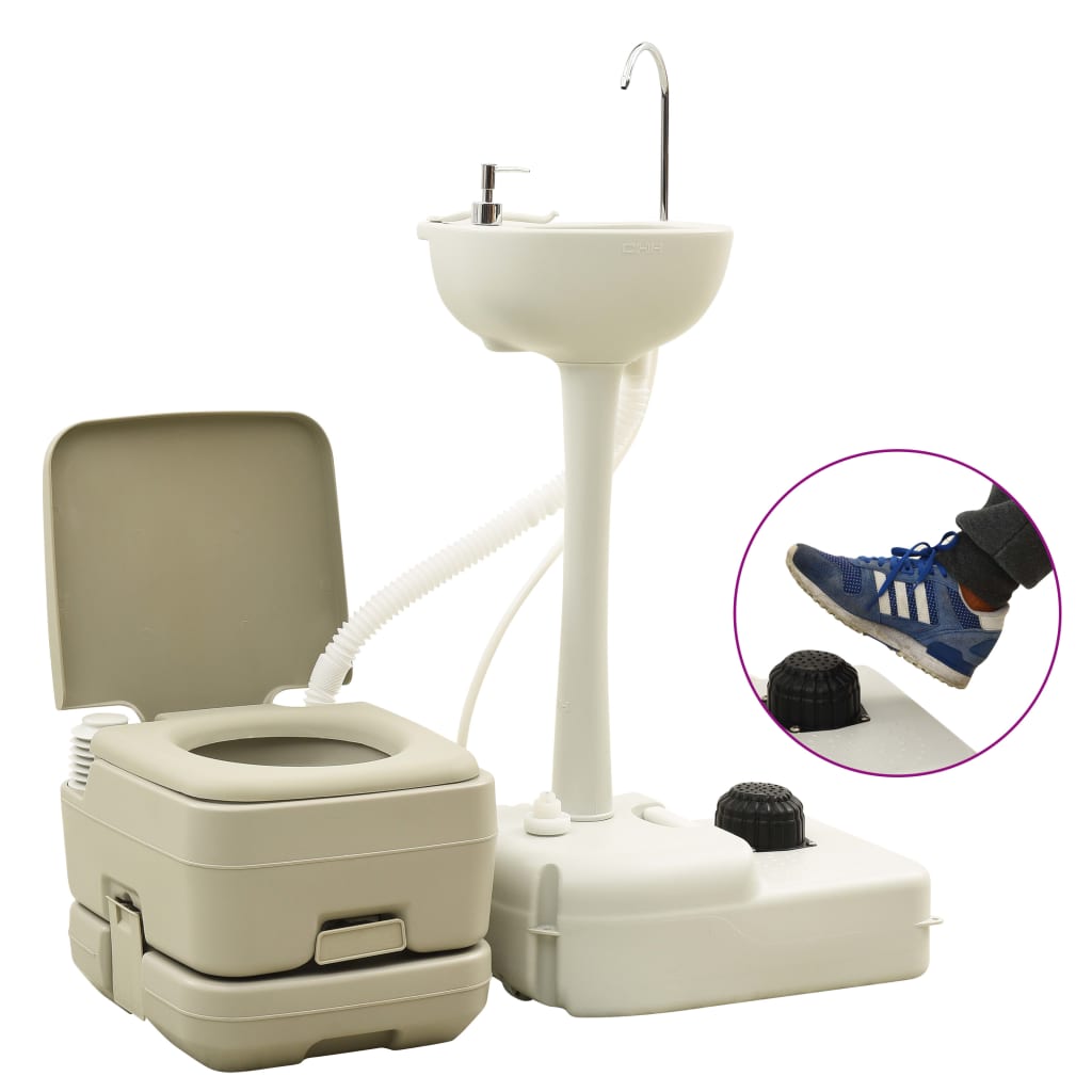 Set Wc Portatile Da Campeggio 10+10L Lavandino 20L Grigio Bianco