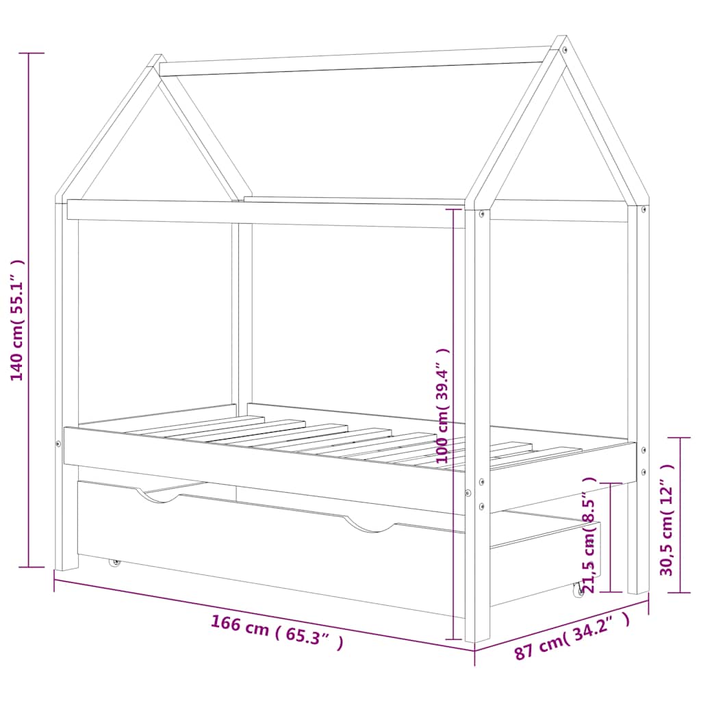 Giroletto Per Bambini Con Cassetto Legno Massello Pino 80X160Cm