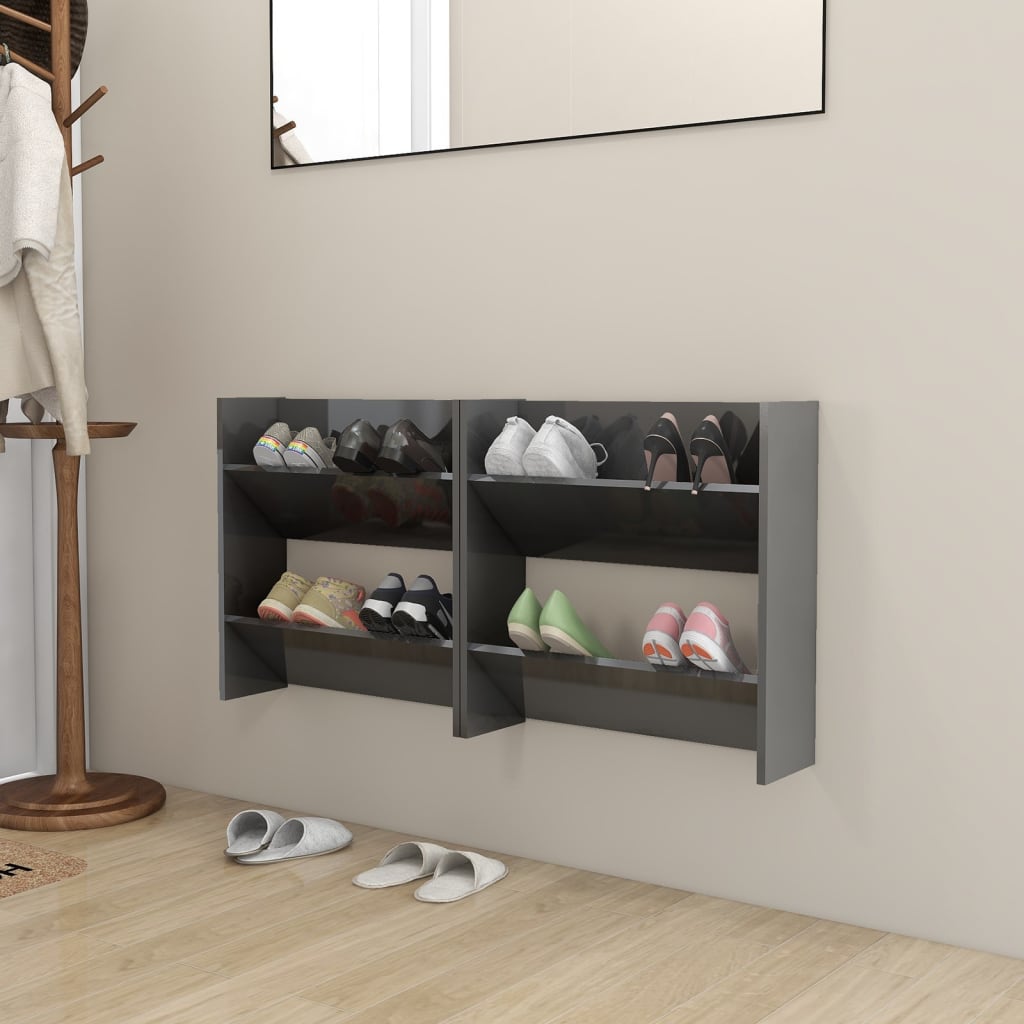 Scarpiere A Muro 2Pz 80X18X60Cm Legno Multistrato Grigio Lucido
