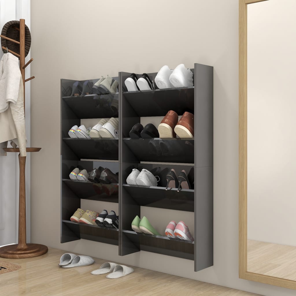 Scarpiere A Muro 2Pz 80X18X60Cm Legno Multistrato Grigio Lucido