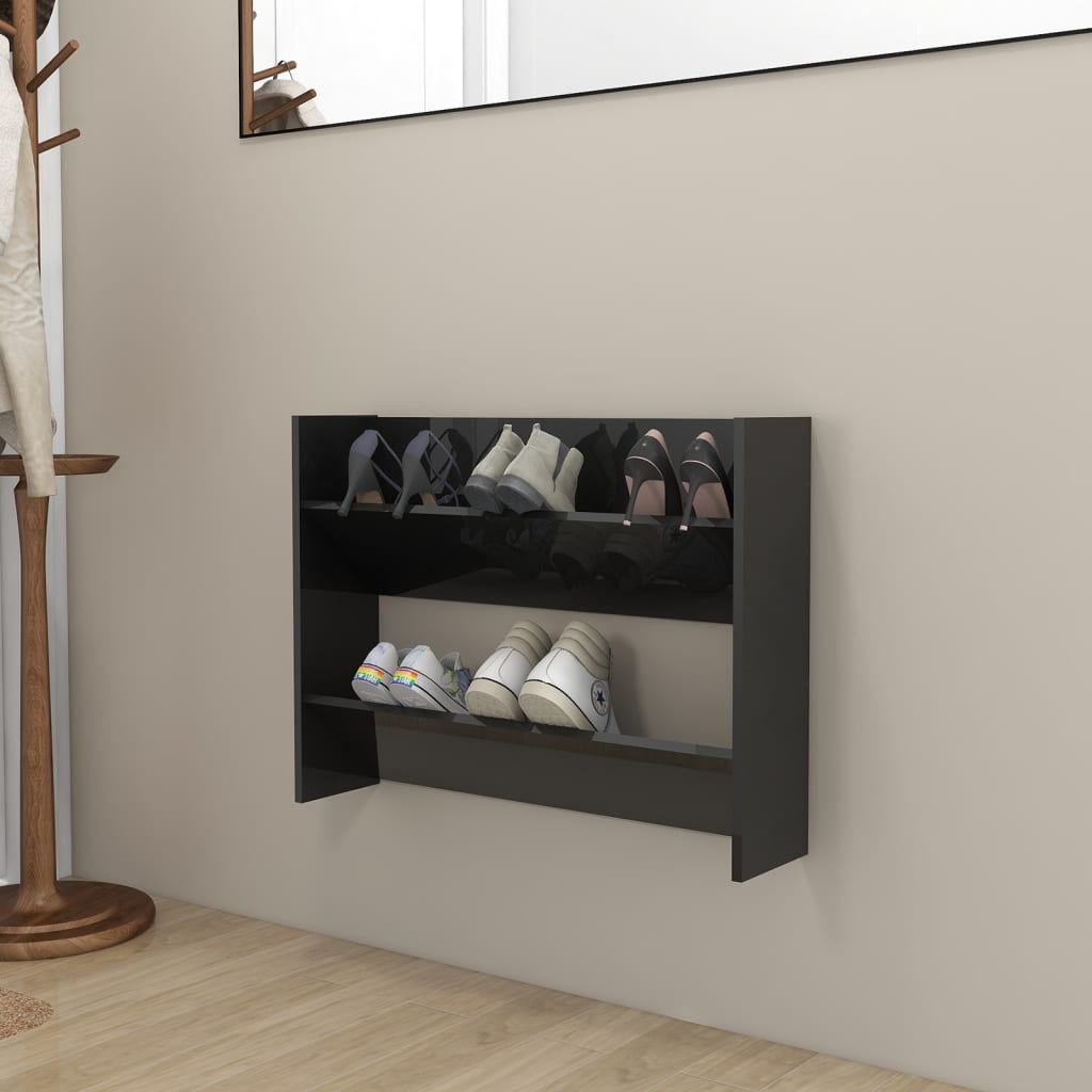 Scarpiera A Muro 80X18X In Legno Multistrato Nero Lucido