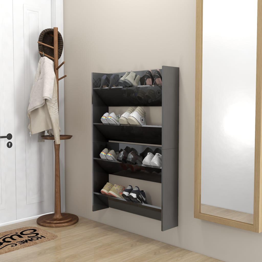 Scarpiere A Muro 2Pz 80X18X60Cm Legno Multistrato Grigio Lucido