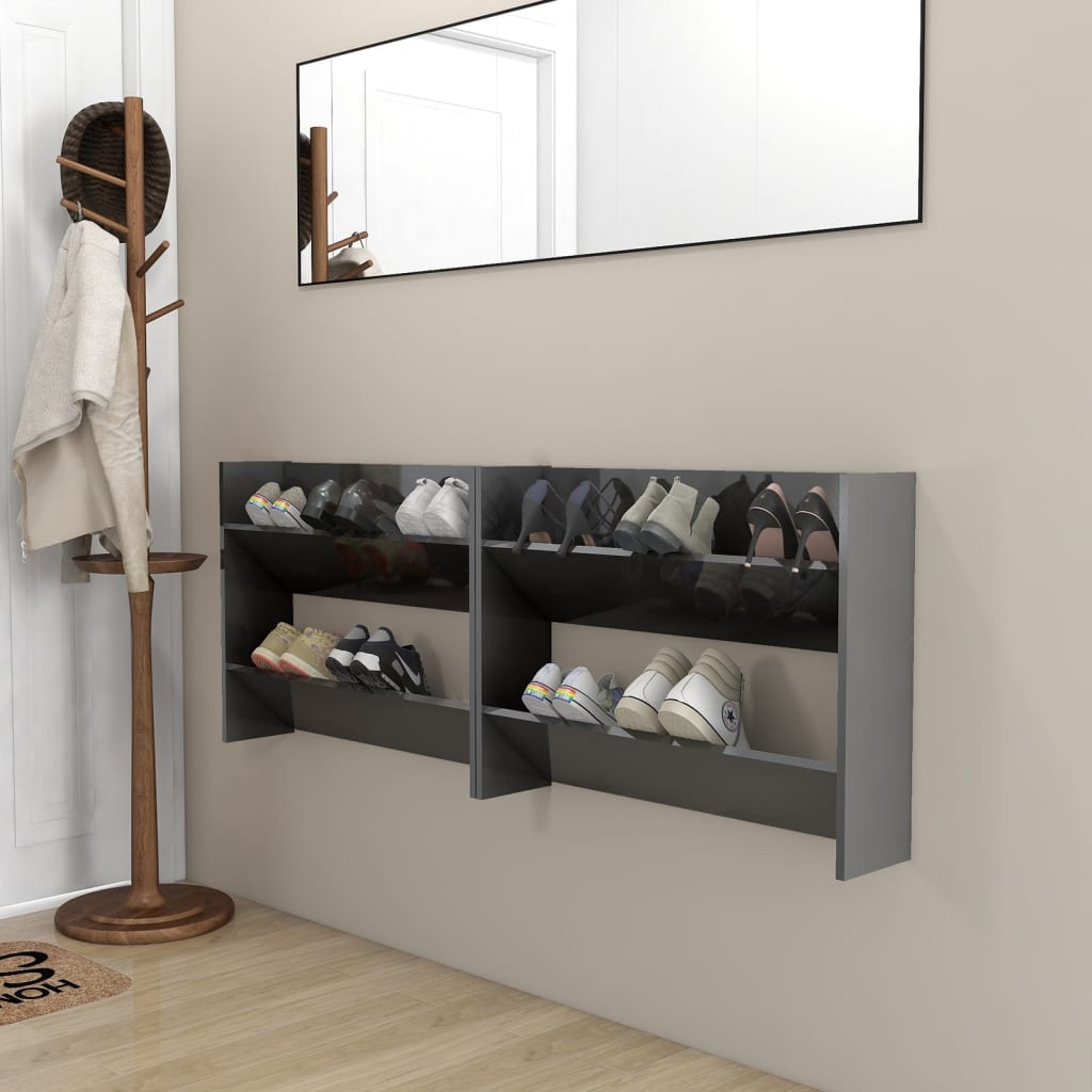 Scarpiere A Muro 2Pz 80X18X60Cm Legno Multistrato Grigio Lucido