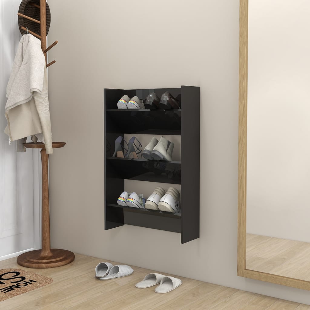 Scarpiera A Muro 80X18X In Legno Multistrato Nero Lucido