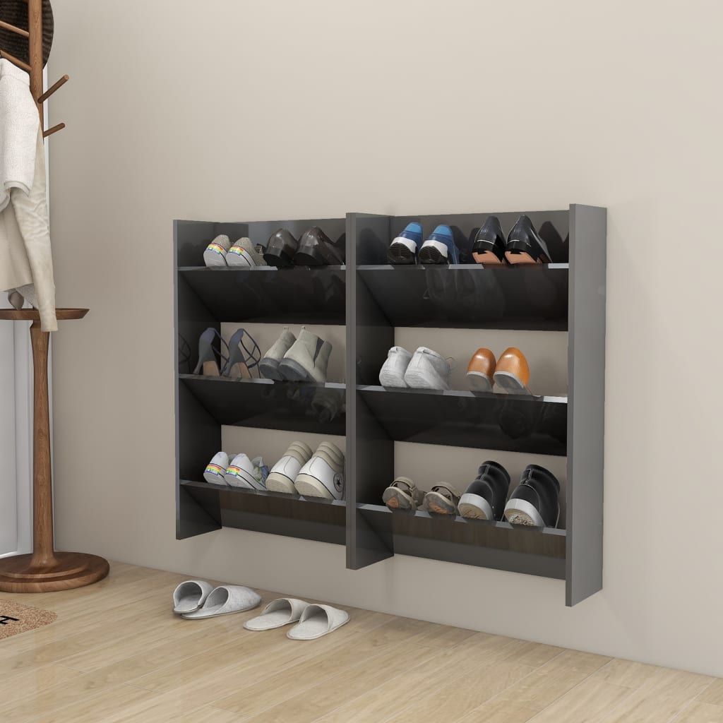 Scarpiere A Muro 2Pz 80X18X60Cm Legno Multistrato Grigio Lucido
