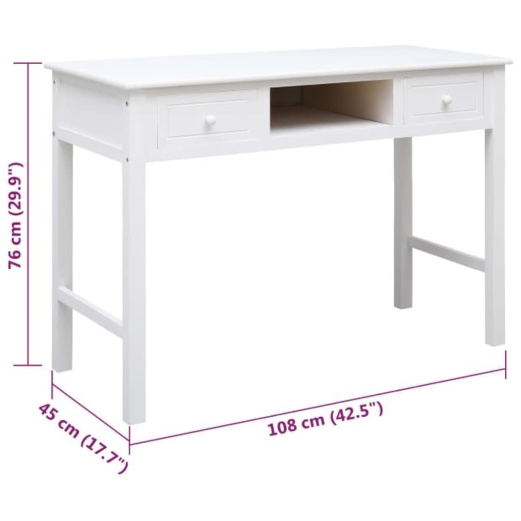Scrivania Bianca 108X45X76 Cm In Legno Massello Di Paulownia