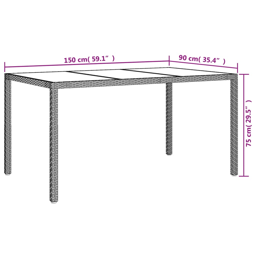 Tavolo Giardino 150X90X75Cm Vetro Temperato Polyrattan
