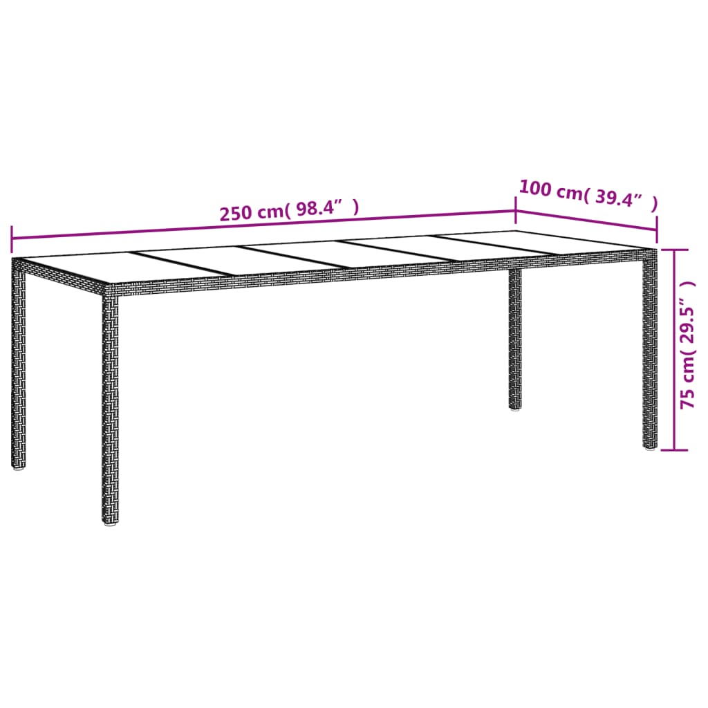 Tavolo Giardino 250X100X75Cm Vetro Temperato Polyrattan