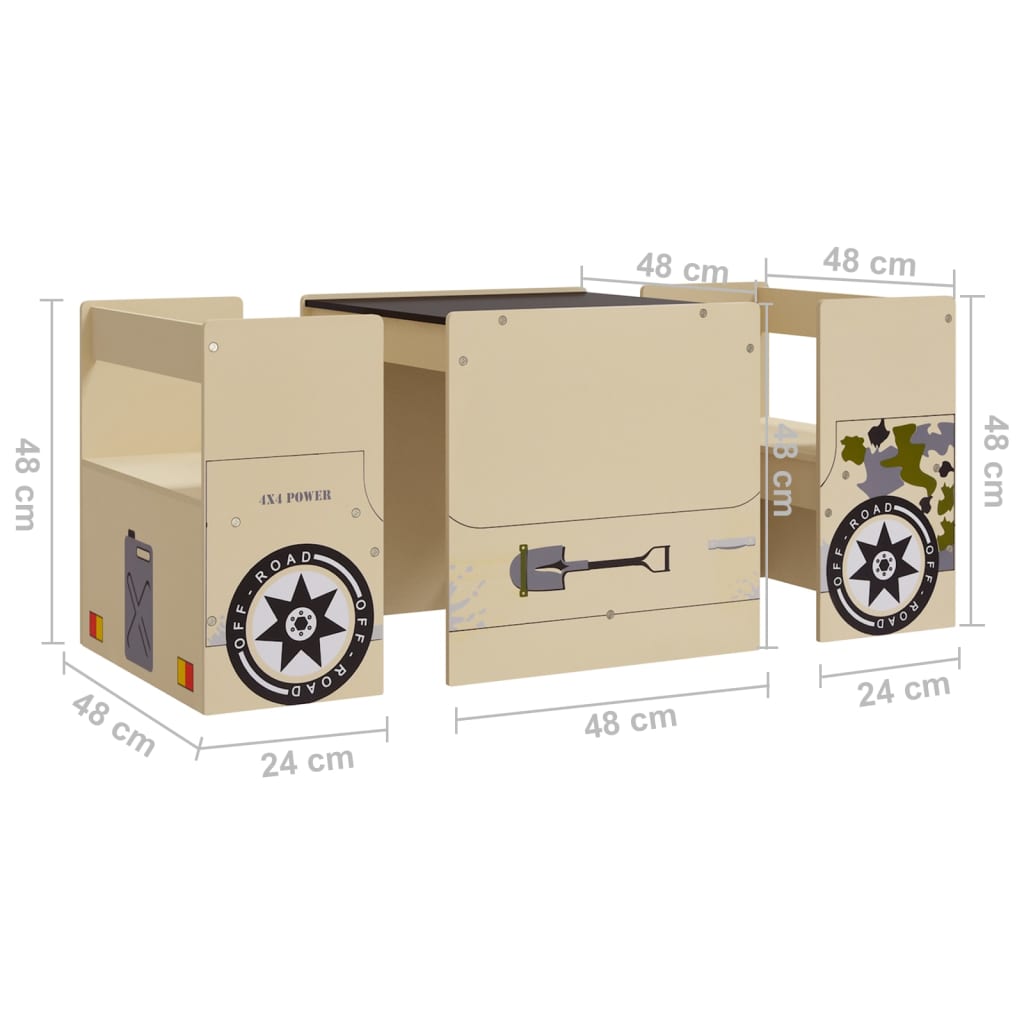 Set Tavolo E Sedia Per Bambini 3 Pz Auto Fuoristrada In Mdf