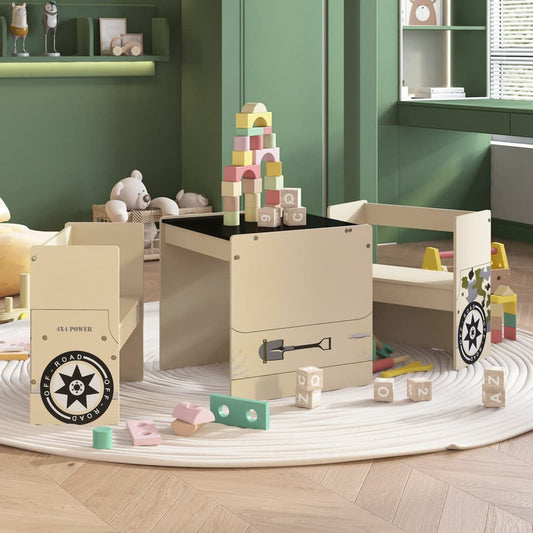 Set Tavolo E Sedia Per Bambini 3 Pz Auto Fuoristrada In Mdf