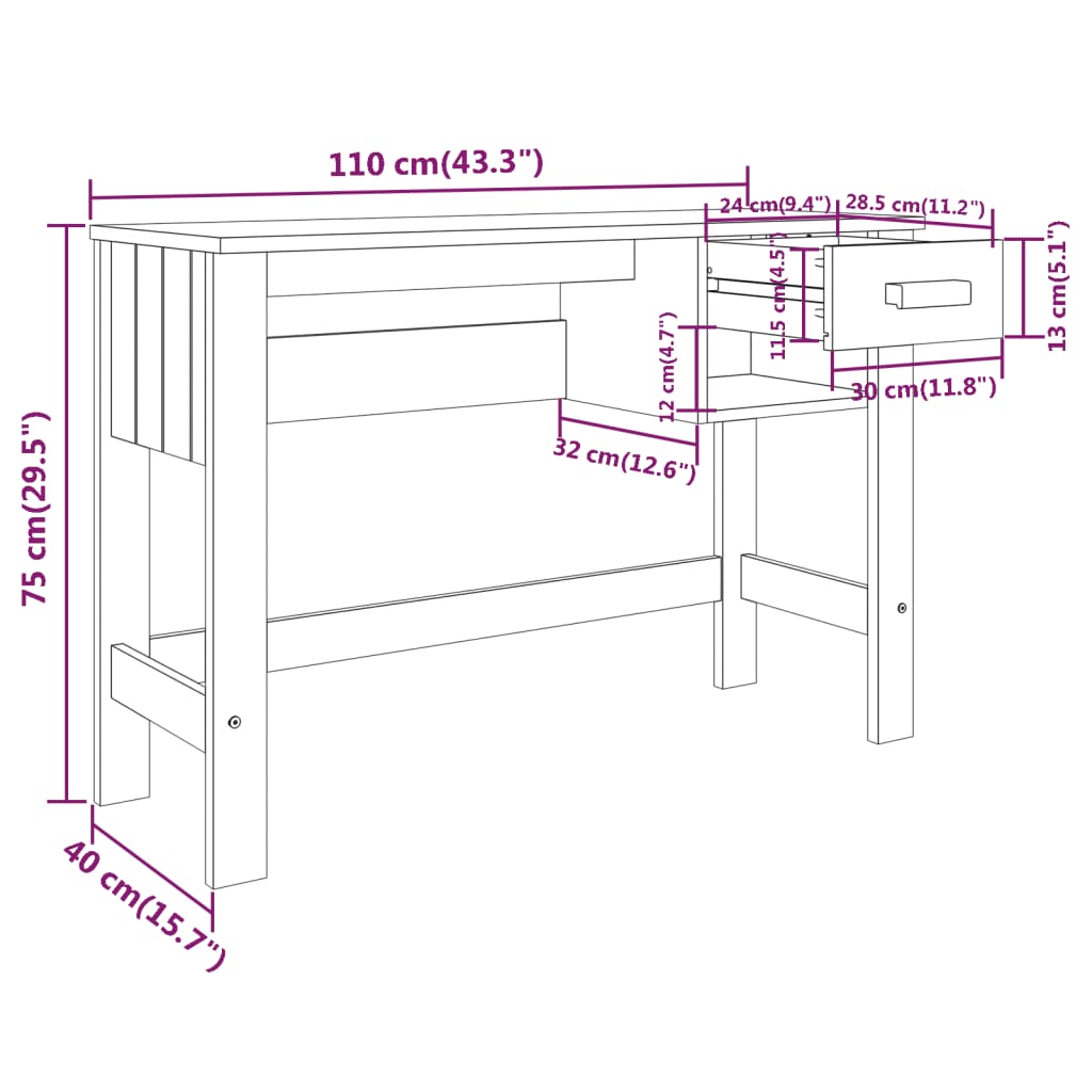Scrivania Hamar Ambra 110X40X75 Cm In Legno Massello Di Pino