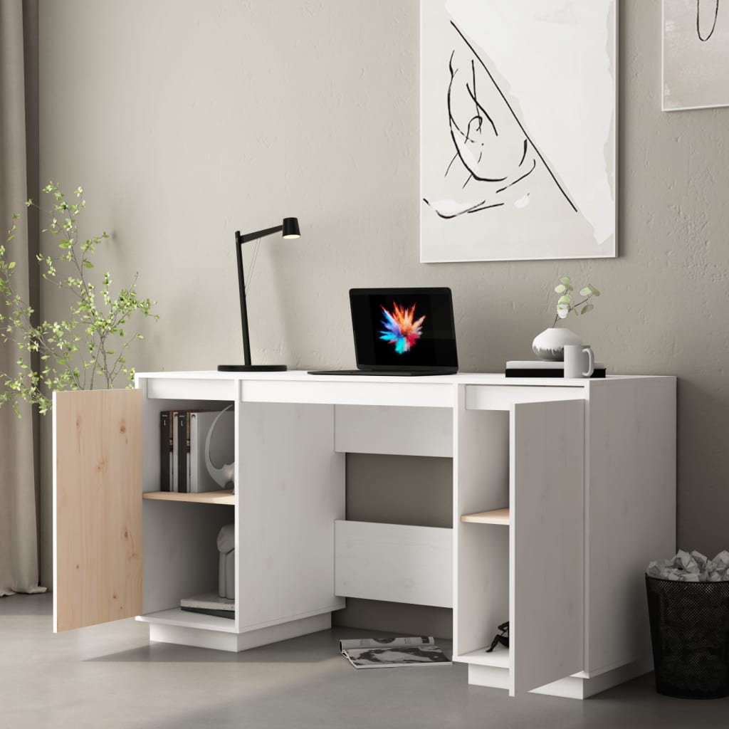 Scrivania Bianca 140X50X75 Cm In Legno Massello Di Pino