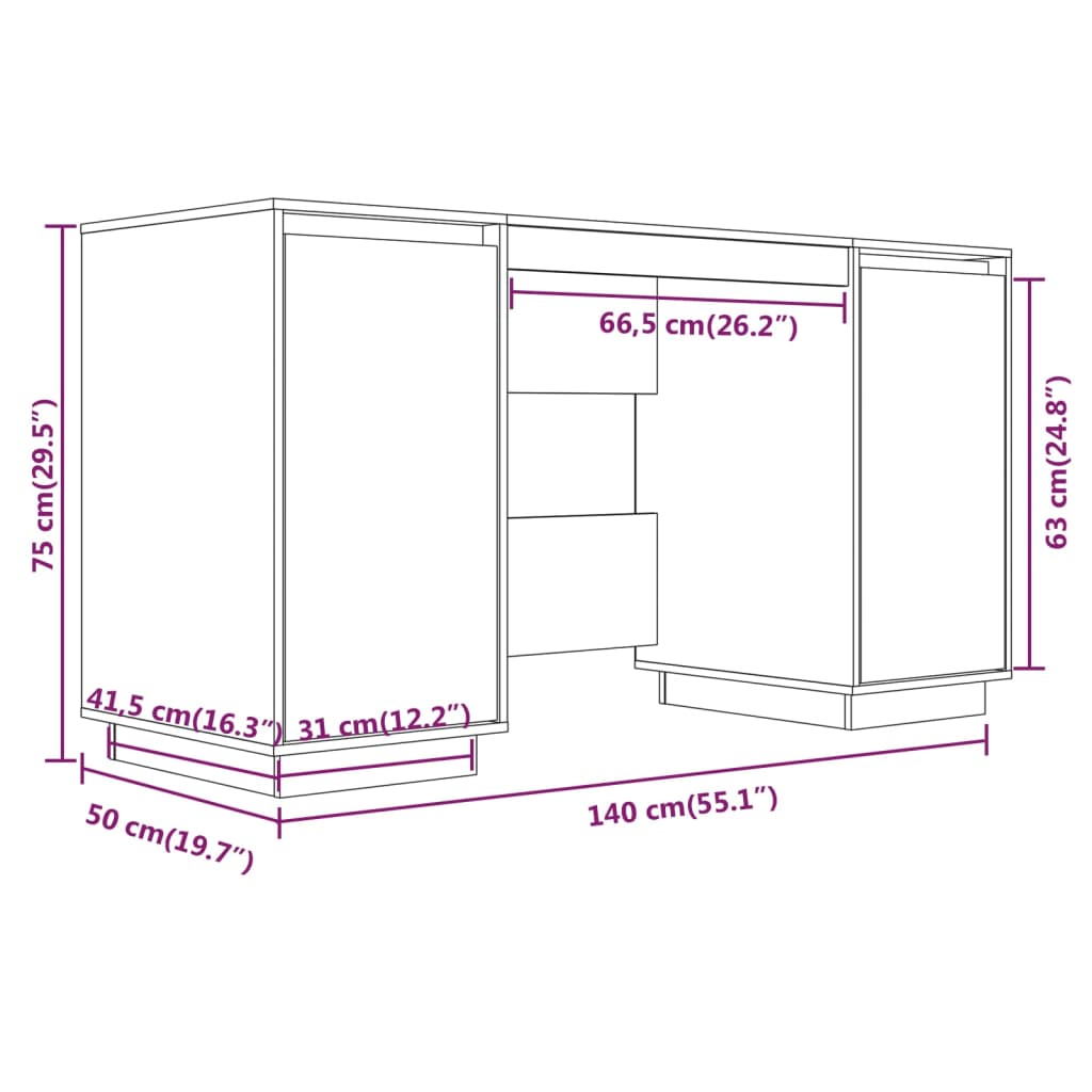 Scrivania Bianca 140X50X75 Cm In Legno Massello Di Pino