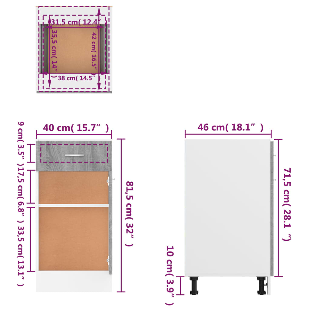 Mobile Con Cassetto “Lyon” 40X46X81,5 Grigio Sonoma