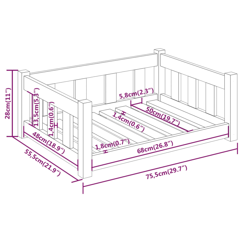 Cuccia Per Cani 75,5X55,5X28 Cm In Legno Massello Di Pino