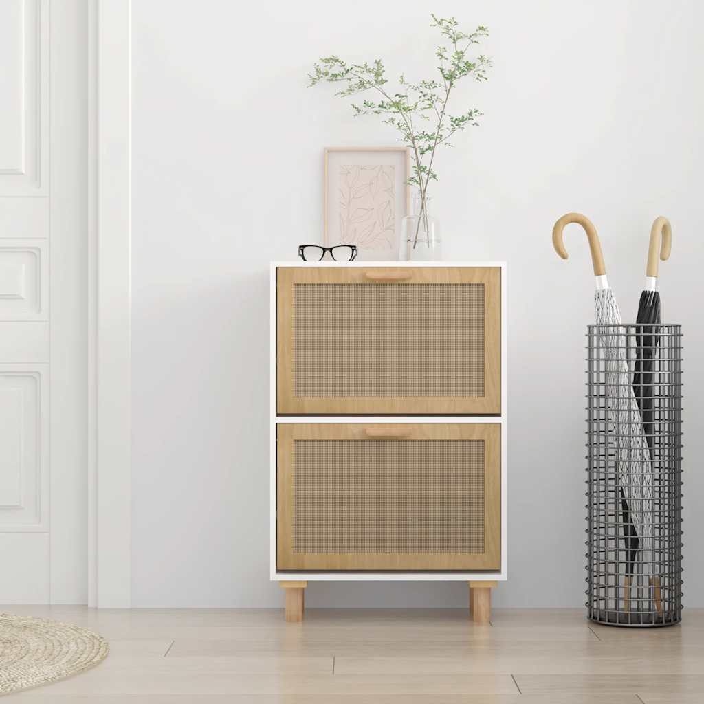 Scarpiera Bianca 52X25X80Cm Legno Multistrato E Rattan Naturale Bianco